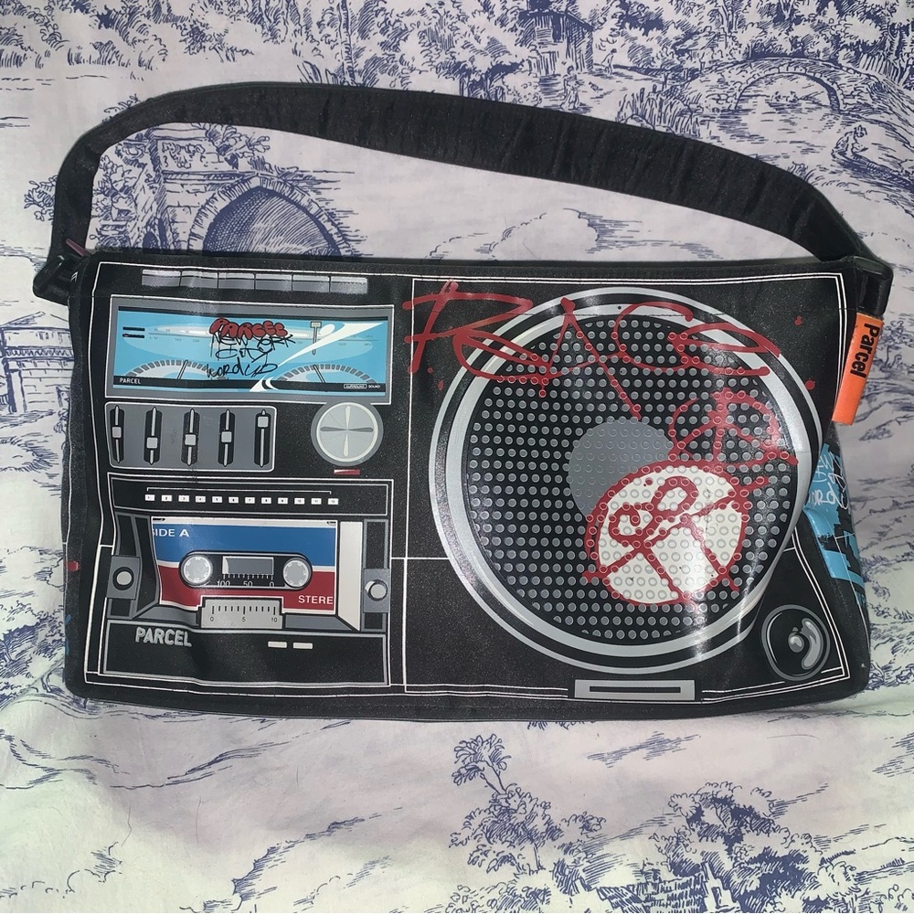 PARCEL Purse Boombox Cassette Tape Speaker Radio Black Canvas Shoulder Bag Tote